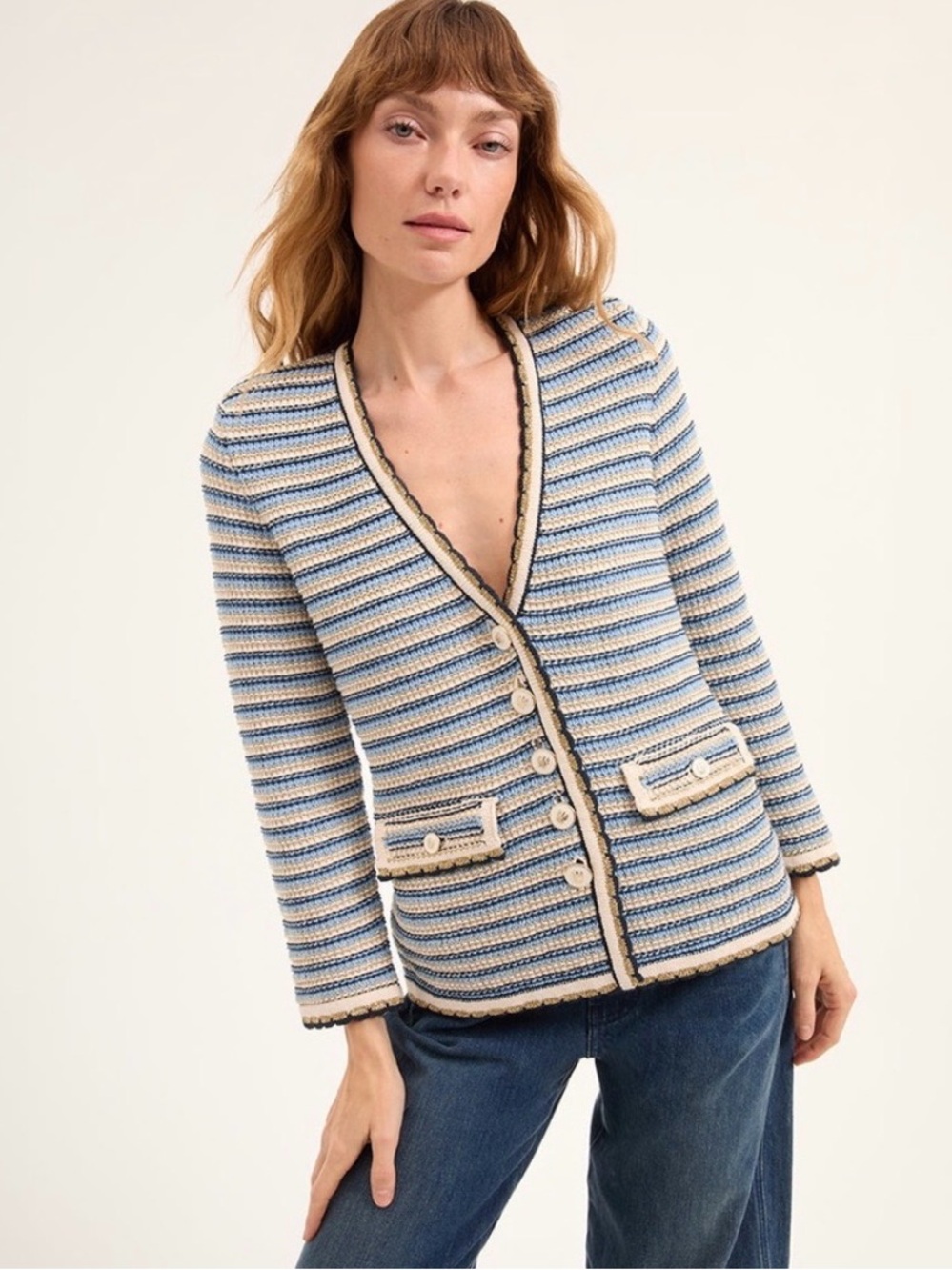 Veronica Beard Ceriani jacket. 
Navy stripe with gold threading. Size Large